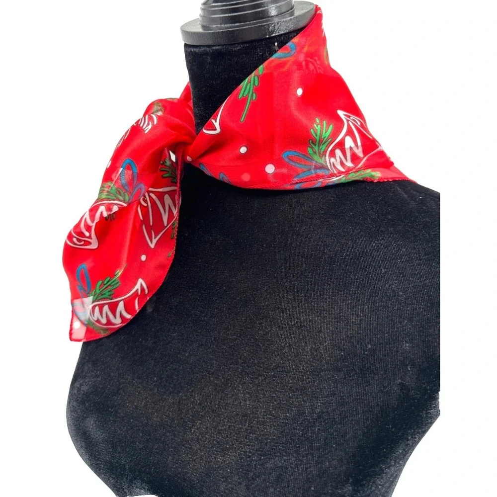 Classic Womens Red Tone‎ On Tone Stripe Holiday Silver Bells Square Scarf Korea